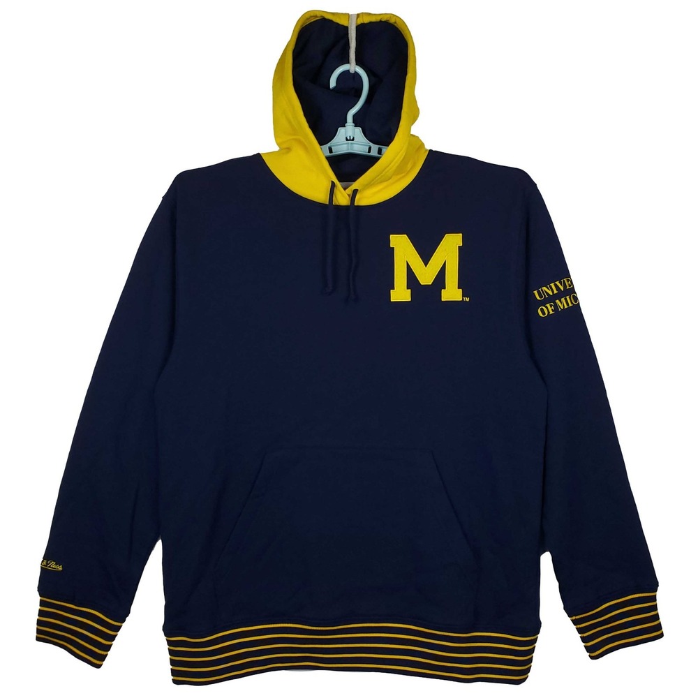 Michigan Wolverines Mitchell & Ness NCAA Large‎ Hoodie Felt Logo Navy Yellow New